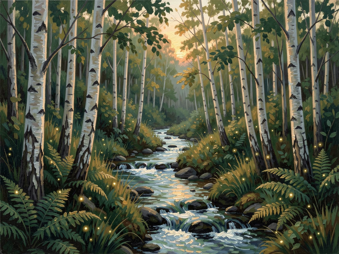 At dusk, fireflies beginning to glow among the ferns, a sun-dappled birch grove, beside a clear, bubbling brook, a narrow trail disappearing into the undergrowth.