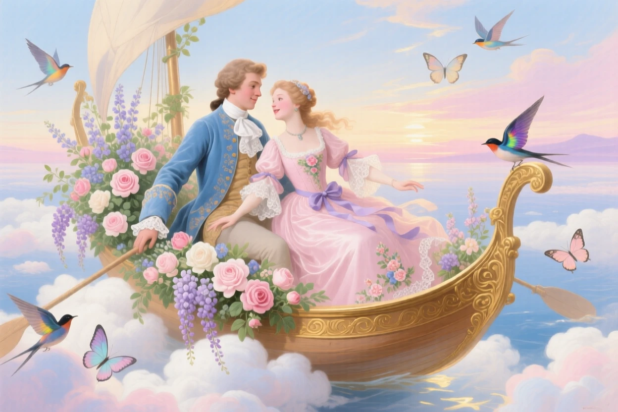 A prince and princess sailing through the sky in a boat filled with flowers  