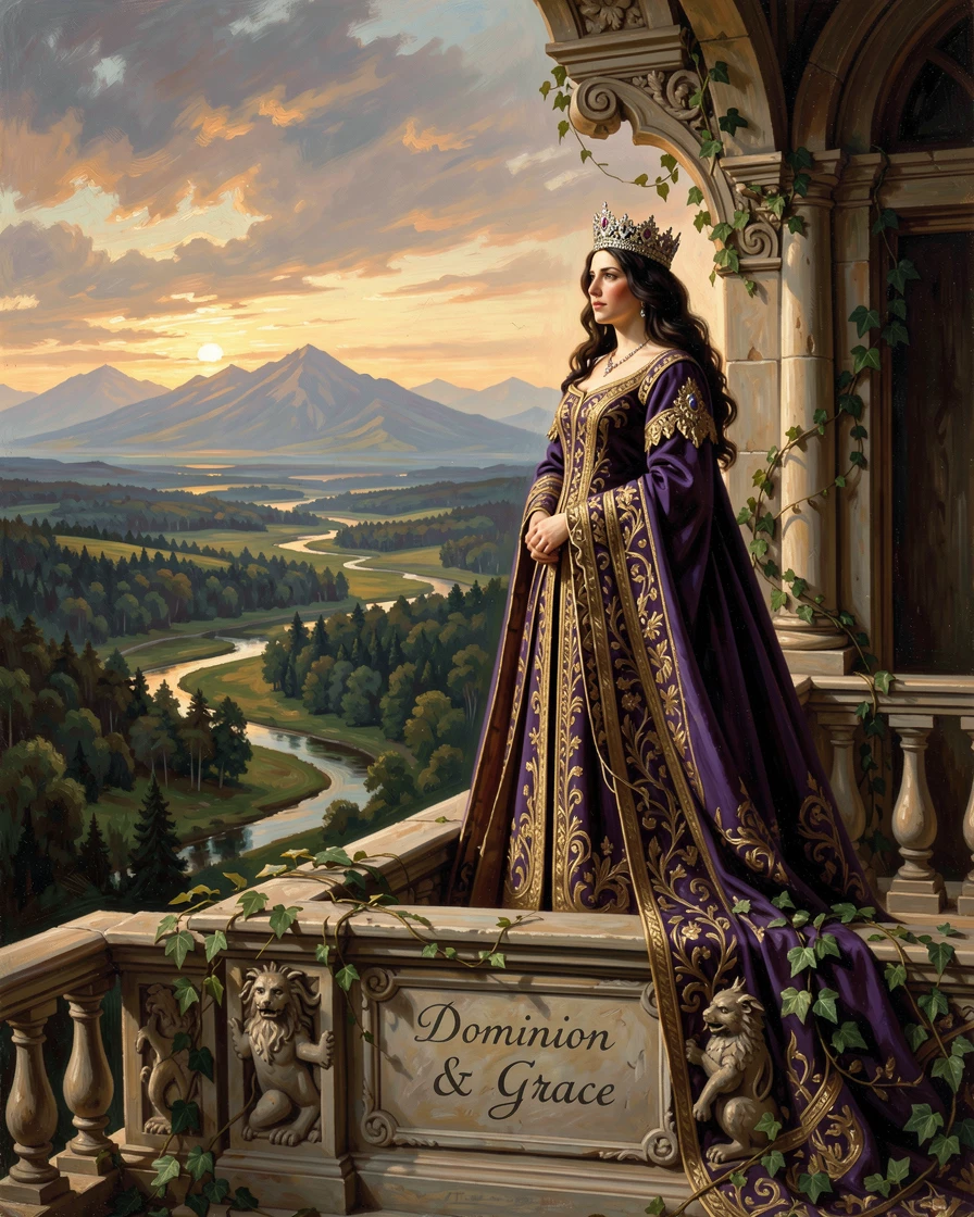 A queen surveys her kingdom from the balcony of a grand palace.