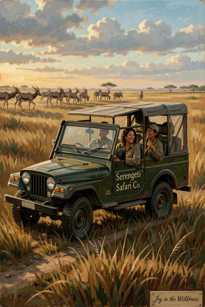 A jeep safari winding through the golden grasslands of the Serengeti, with genuine joy and awe visible on every face, designed to transport the viewer straight into the journey