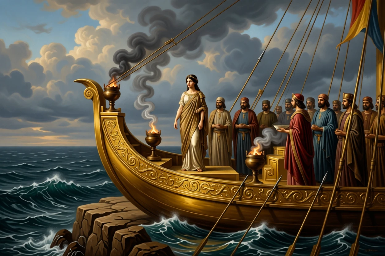 Cleopatra receiving envoys aboard her golden barge on the Nile at the height of a decisive and unforgettable moment, set atop a cliff overlooking a stormy sea, as smoke from ceremonial braziers curls upward past carved friezes; diagonal lines of spears and banners lead the eye to the central figure, charged with heroic resolve and quiet foreboding.