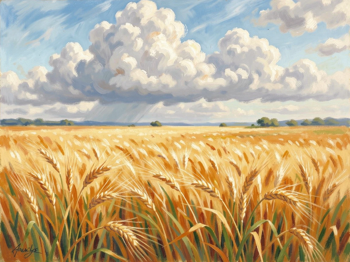 A field of golden barley swaying in the wind beneath a dramatic sky filled with towering cumulus clouds, during the height of summer, capturing a fleeting moment of pure happiness.
