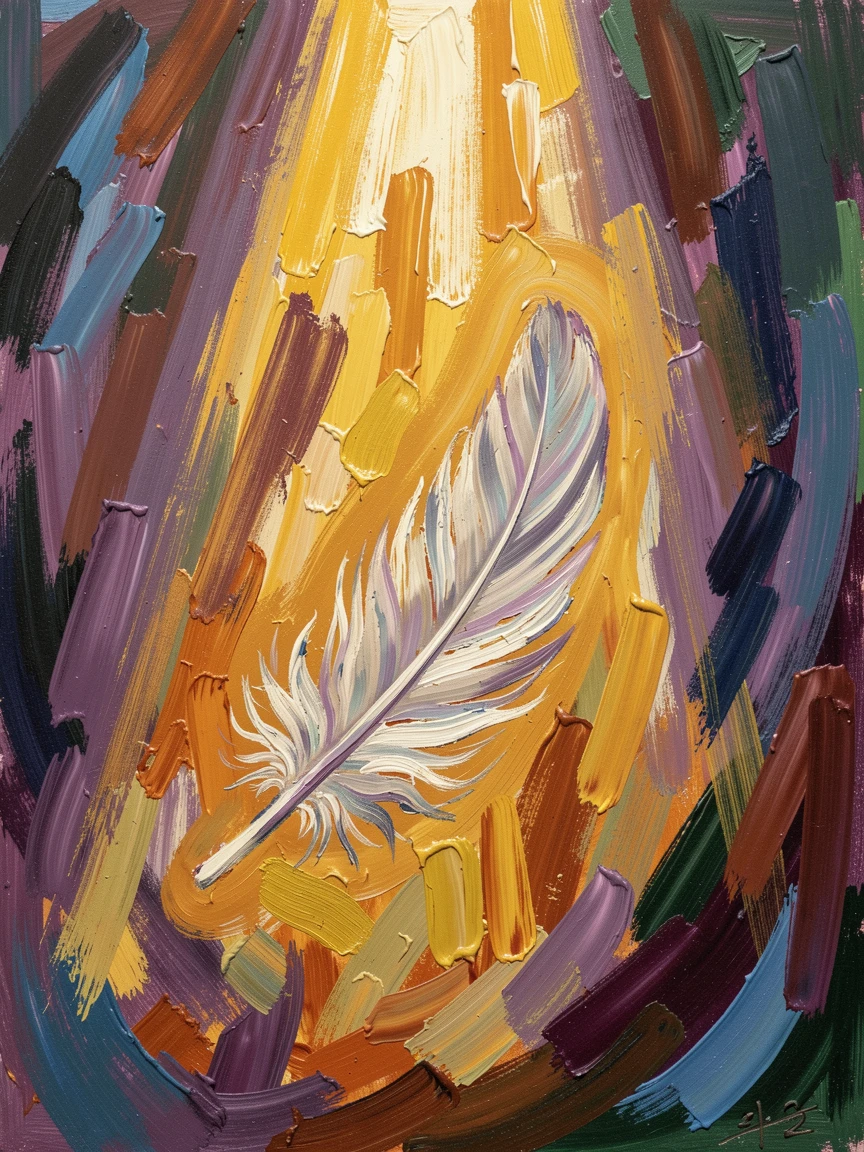 A single feather drifting slowly downward through a shaft of golden light.