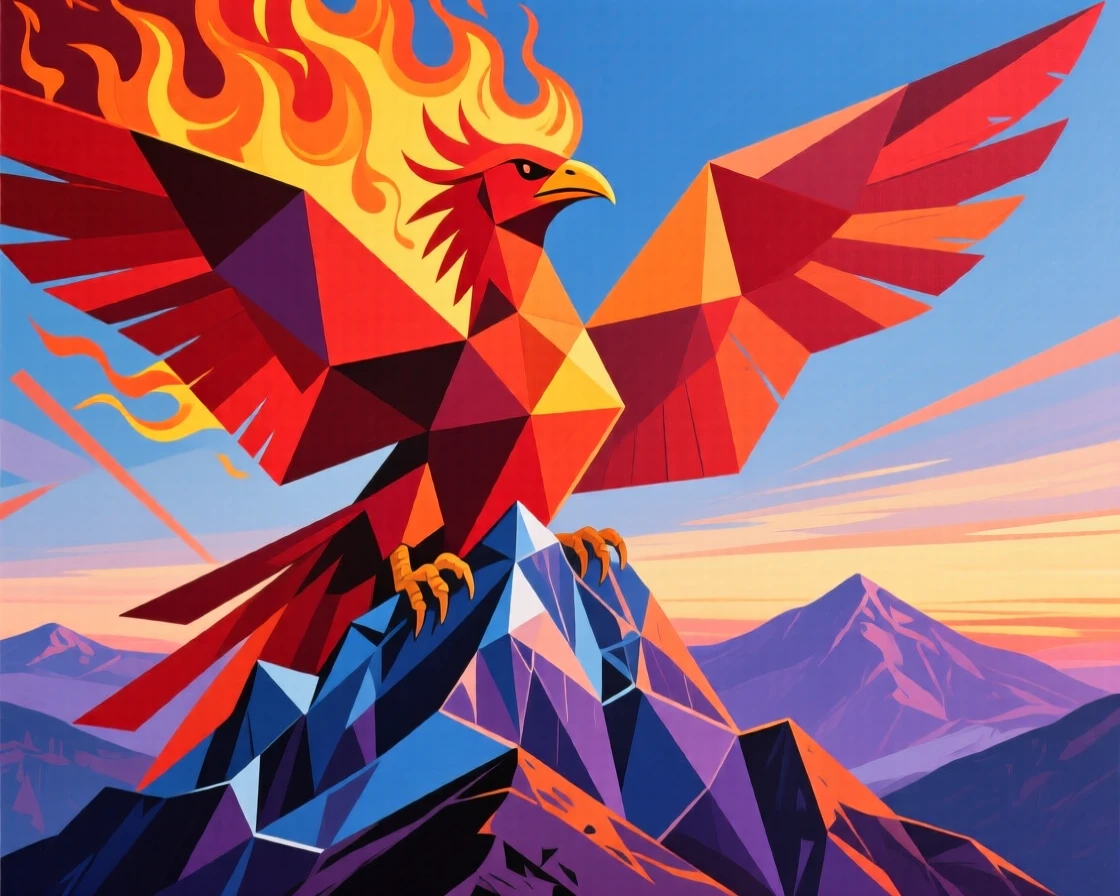 A phoenix rising in flames above a mythical mountain peak at dawn.