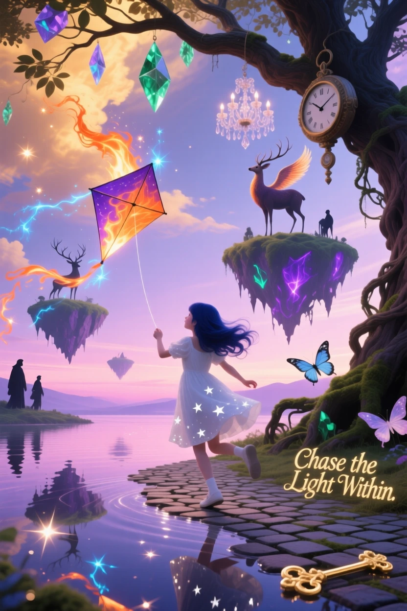 A young girl chasing a kite shaped like a small comet moves gracefully through a scene bathed in soft golden light, as everything around them holds still in quiet reverence.