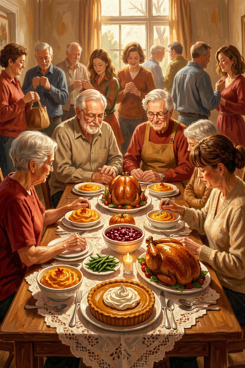 A traditional Thanksgiving scene shows a family saying grace together, hands joined around a table laden with autumn harvest dishes, the surrounding crowd adding energy and movement to the edges of the composition.