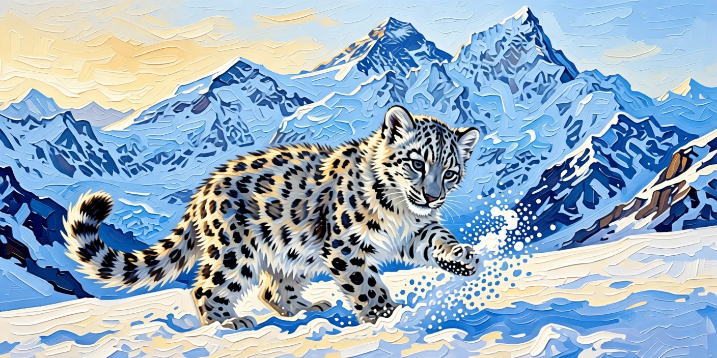 A snow leopard cub playing in fresh powder snow beneath jagged Himalayan peaks