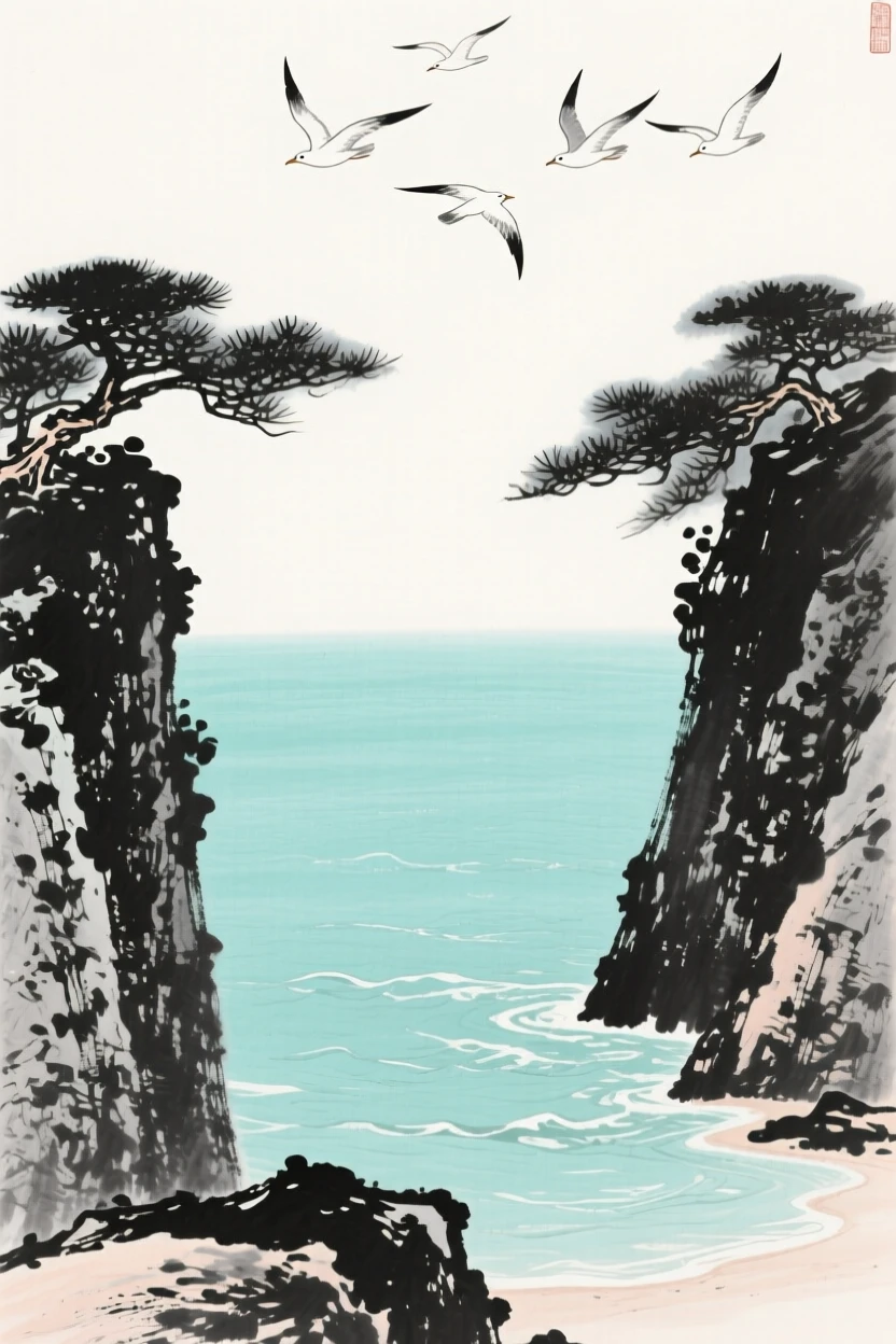 A quiet cove opens onto calm turquoise water framed by pine-covered cliffs, with gulls circling above the rolling surf.