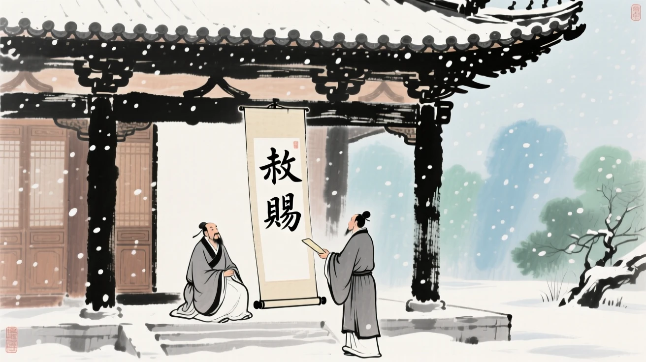 A scholar receiving an imperial edict beneath the eaves of a great hall, beneath softly falling snow.