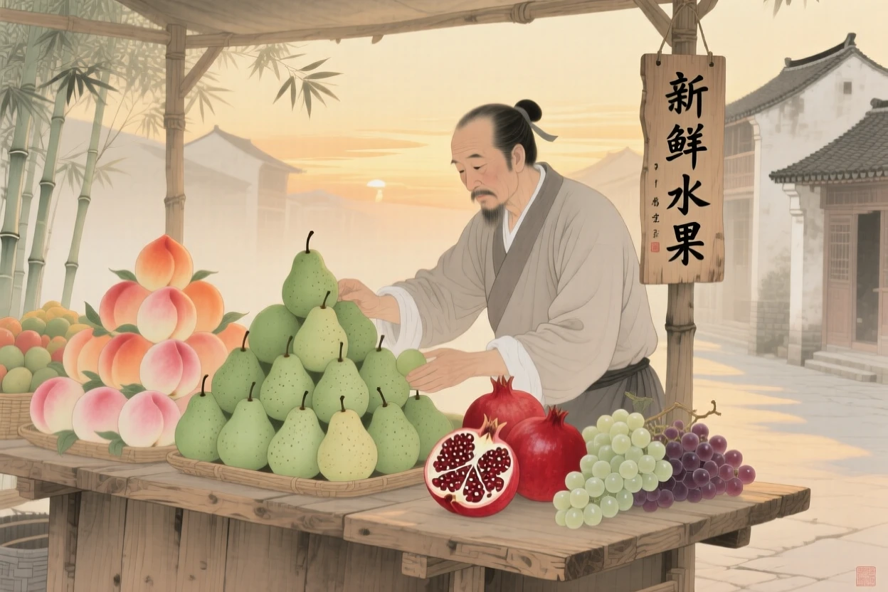 A street vendor arranging fresh fruit in neat pyramids at dawn