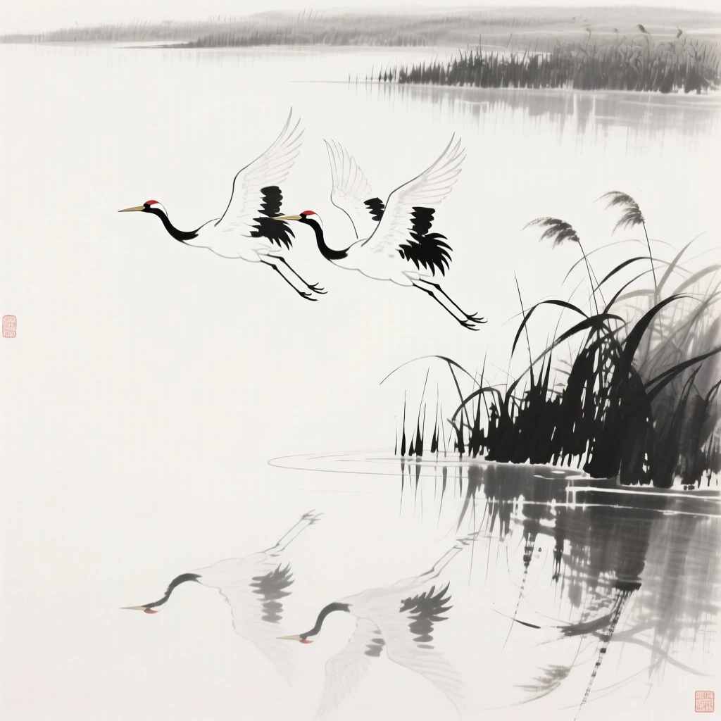 A pair of cranes taking flight over a still lake along the edge of a reed-lined marsh, positioned in one corner, leaving airy negative space, carrying a quiet, poetic stillness.