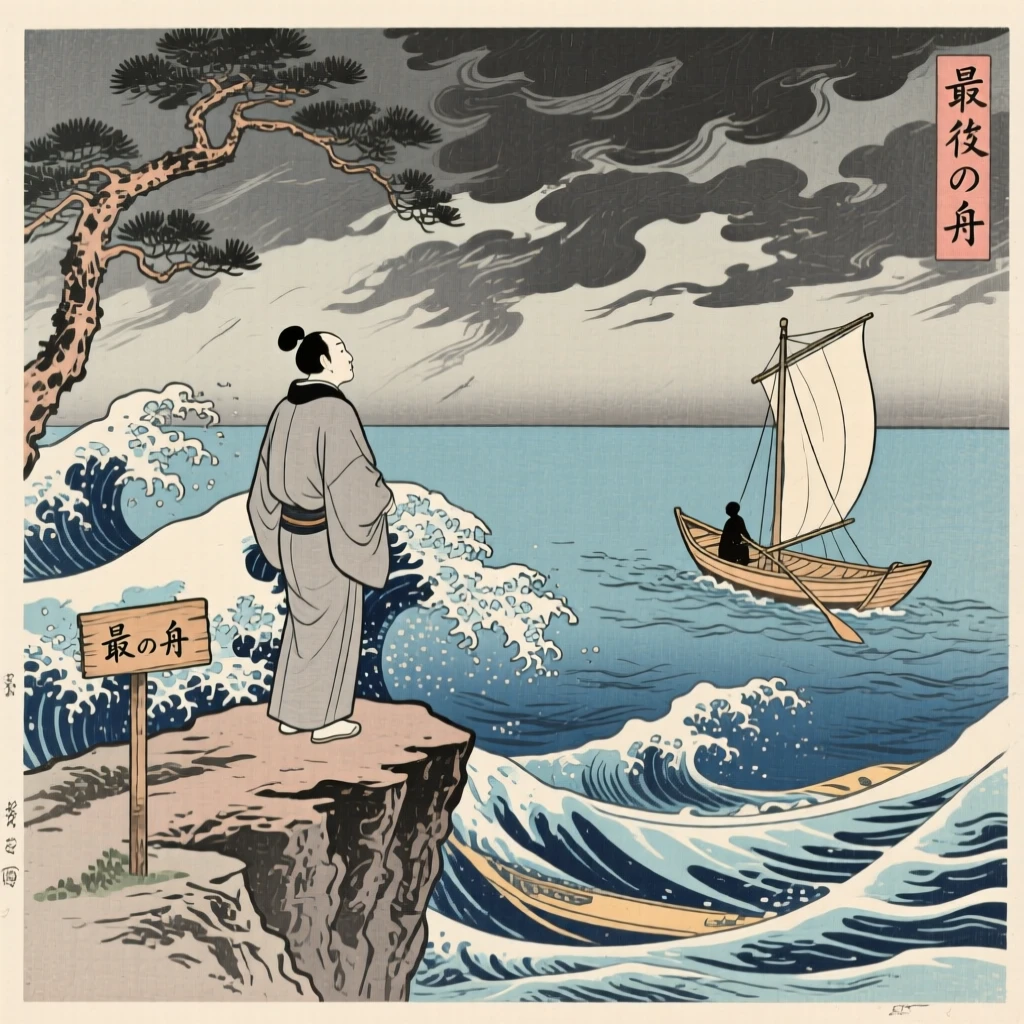 A solitary figure standing at a storm-lashed cliff edge, as the last boat departs.
