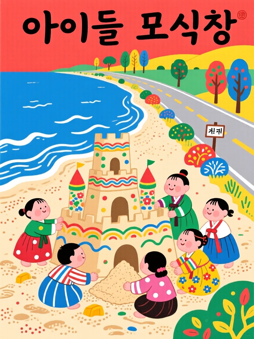 A group of children building a sandcastle on a quiet beach along a quiet countryside road.