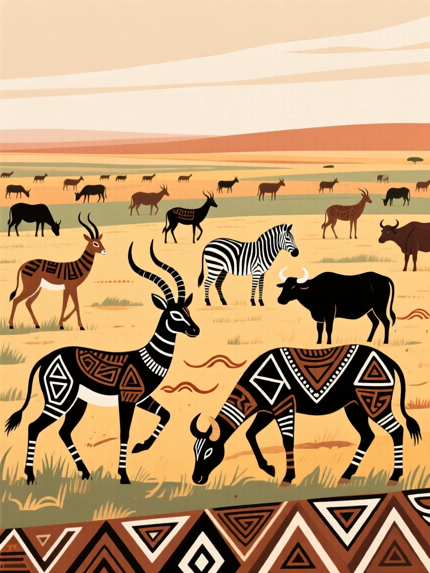 A vast plain scattered with grazing herds under a wide sky.