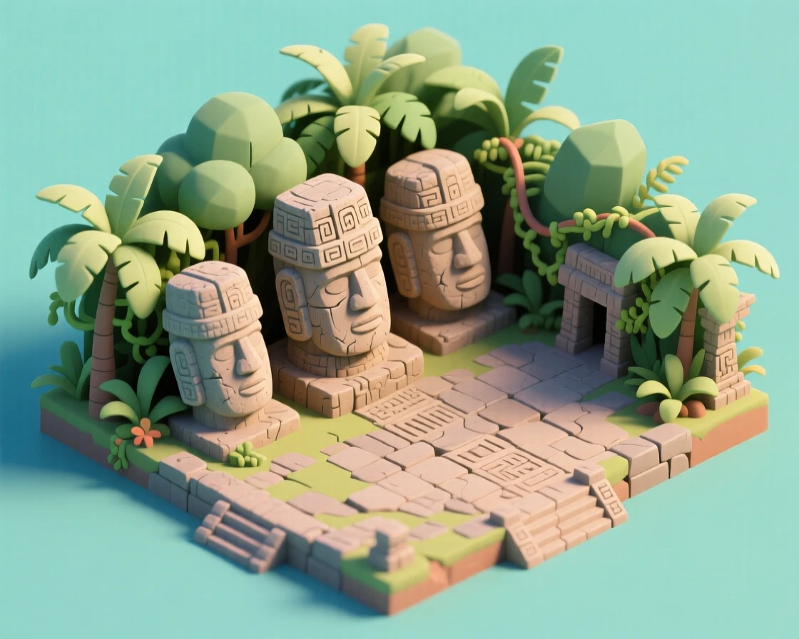 An ancient Olmec ceremonial site with massive stone head carvings, a jungle canopy framing the ancient plaza.