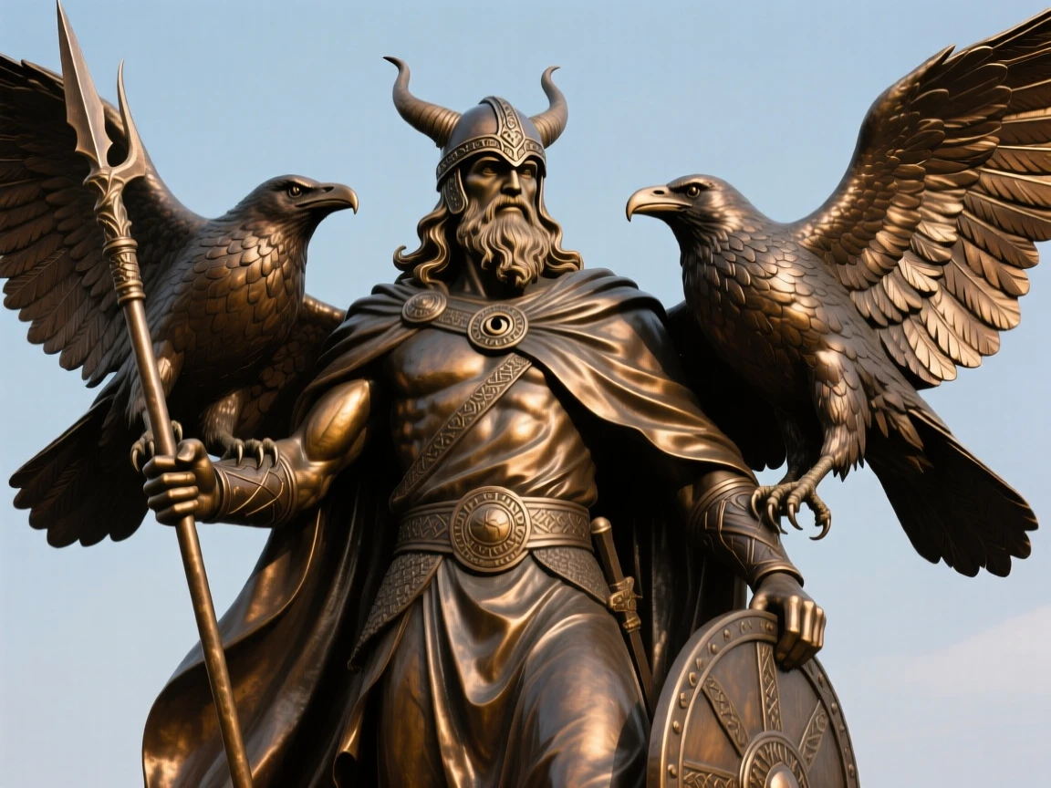 Odin flanked by his two ravens, rendered with dramatic, sweeping composition, radiating awe and grandeur