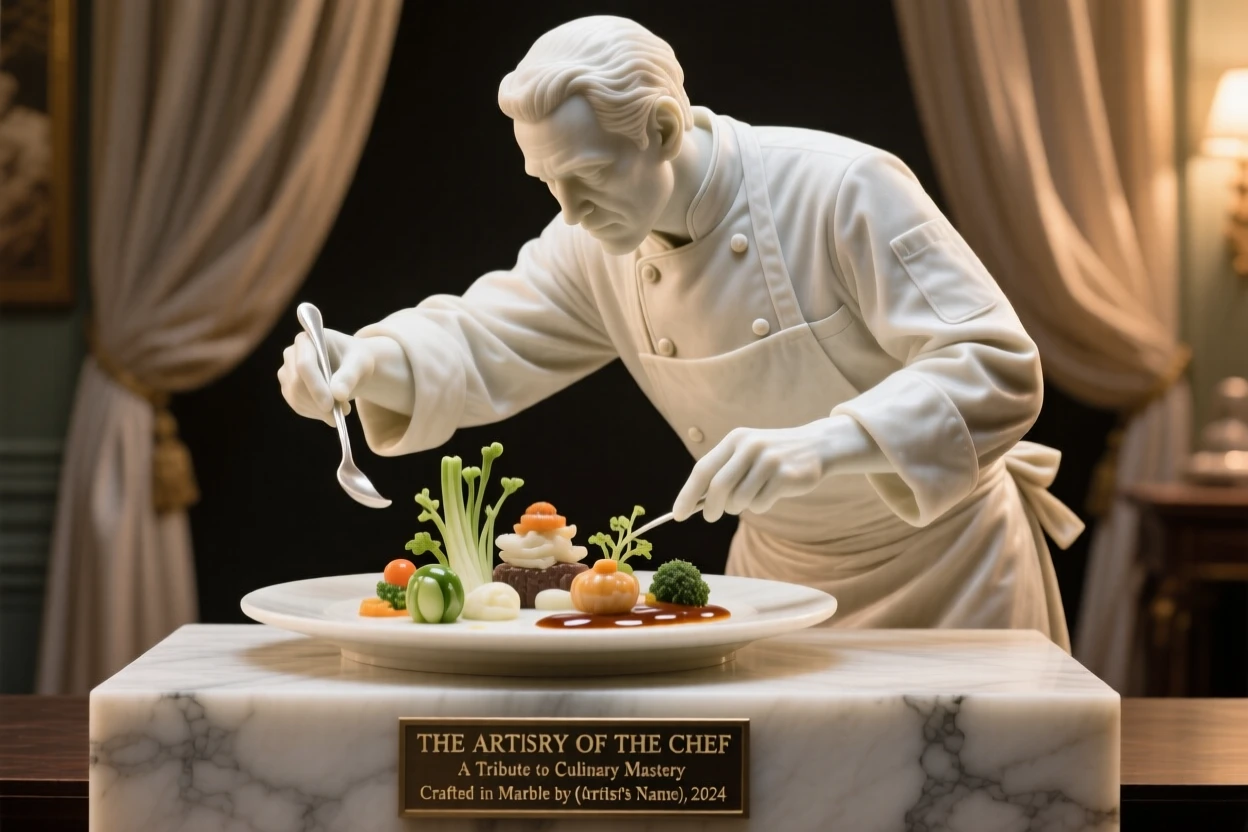A beautifully composed image of a chef plating a beautifully arranged dish, surrounded by soft, glowing light, full of atmosphere and visual storytelling