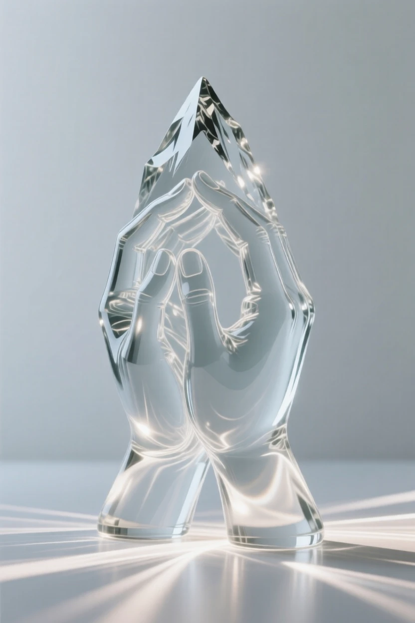 A mountain peak shaped like a pair of clasped hands with soft rays of light stretching outward in every direction, while a quiet stillness surrounds the entire scene