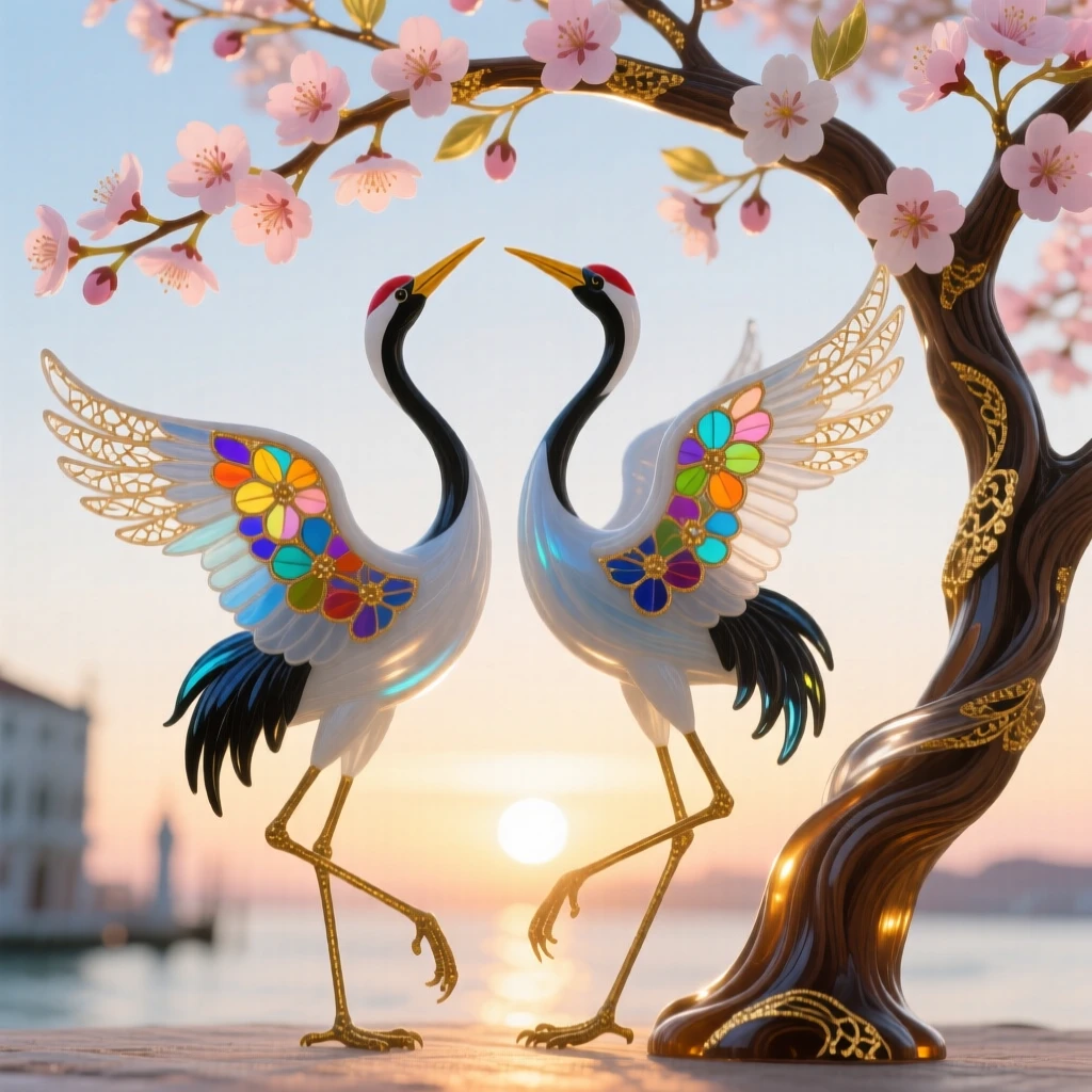 A pair of cranes dancing together beneath a blossoming cherry tree at the very crack of dawn, elegant and symbolic.
