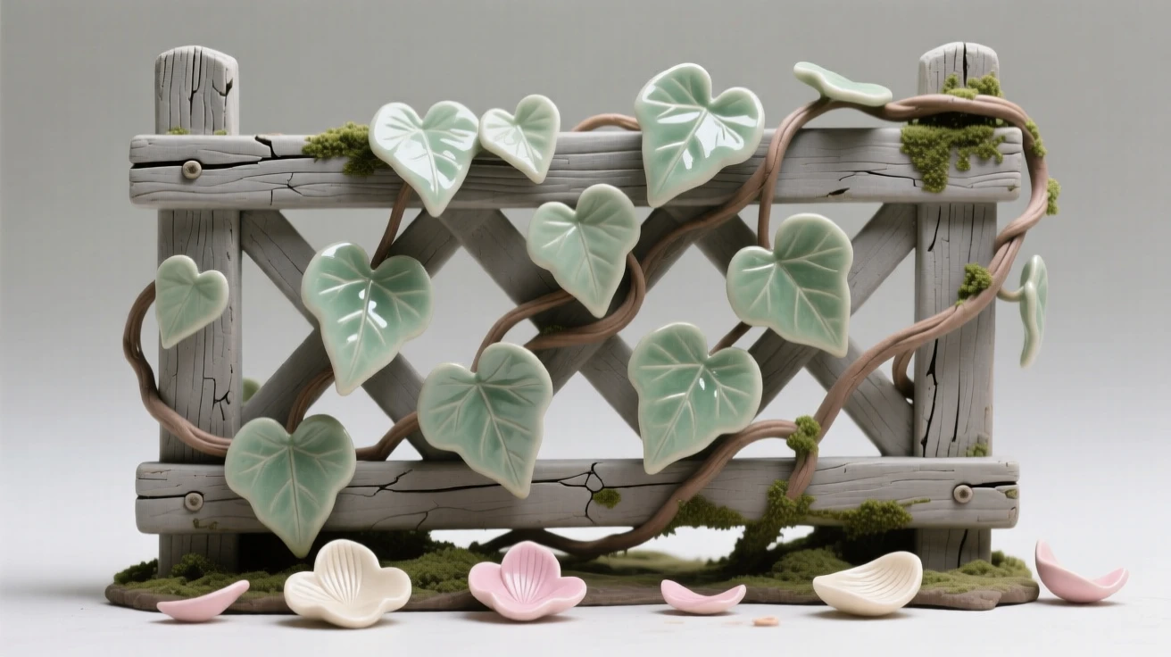 A trailing ivy climbing a weathered trellis reaching upward in quiet aspiration, surrounded by scattered fallen petals, radiating freshness and natural elegance.