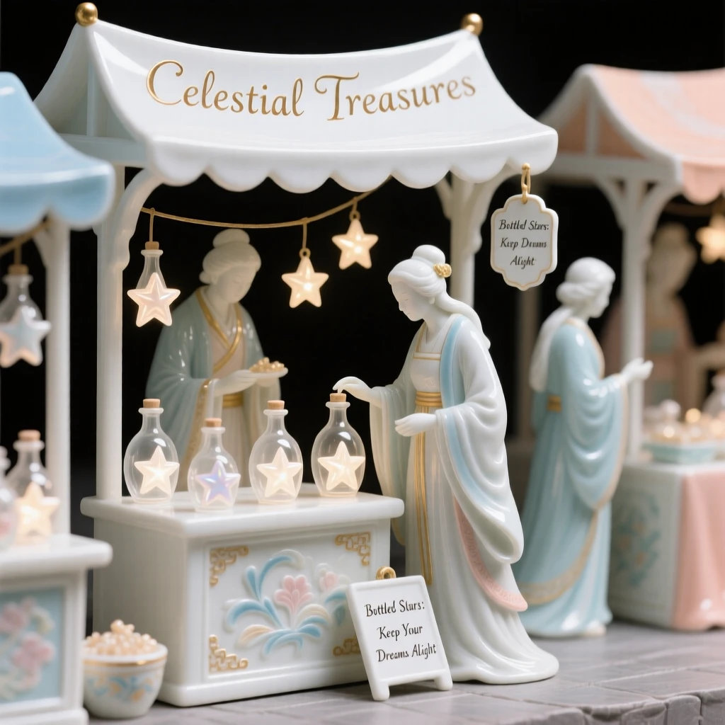 An imaginative vision of a market where merchants sell bottled stars, full of quiet grandeur and imaginative detail.