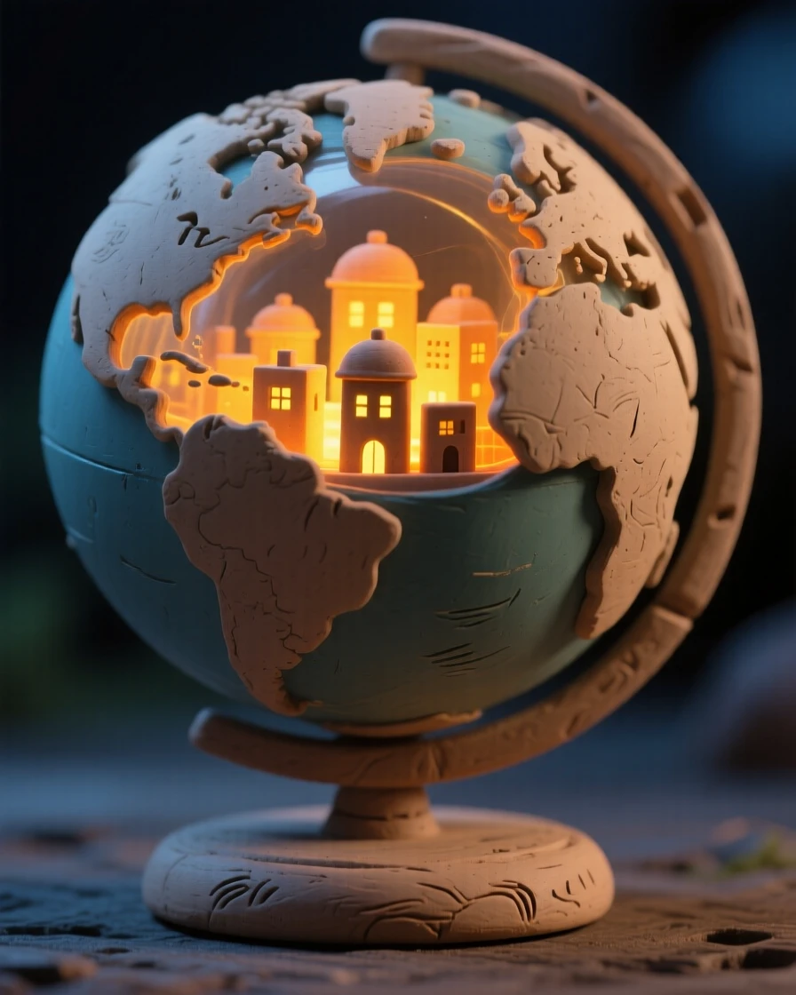 A globe that reveals a tiny glowing city when spun at night