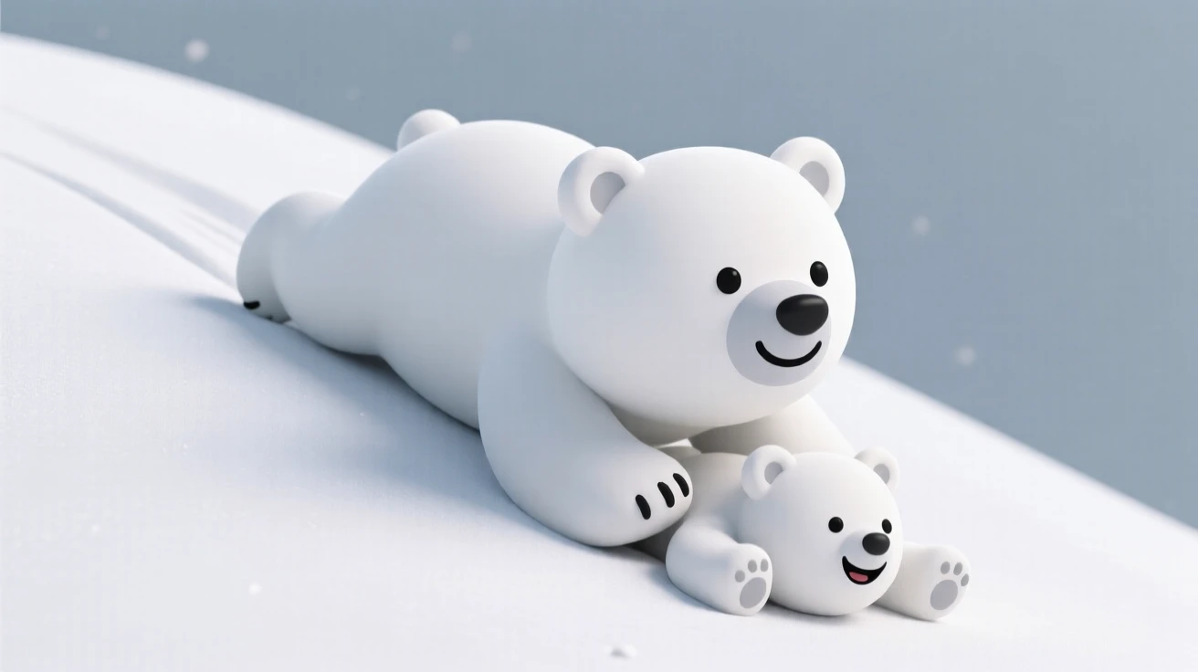 A gentle polar bear cub slides down a snowy hill on its belly, tumbling into a happy heap at the bottom.