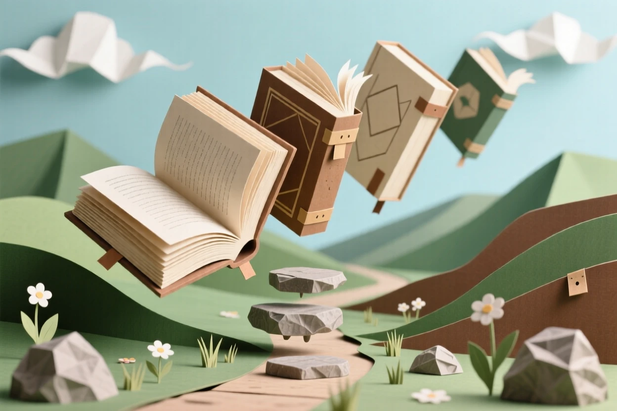 A path of giant stepping-stone books floating gently above a quiet valley, with delicate details inviting closer inspection, capturing whimsical, surreal beauty.