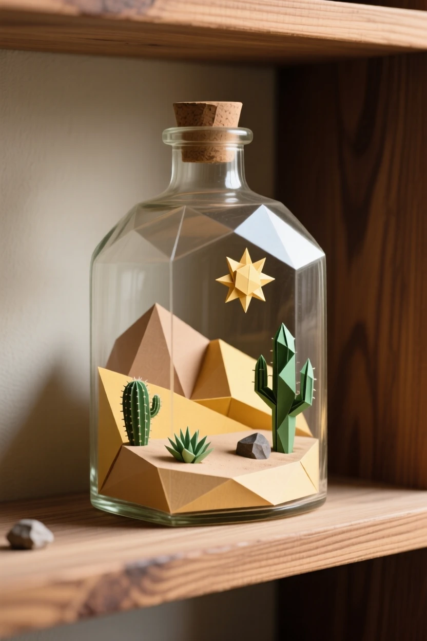 A pocket-sized desert contained entirely within an old glass bottle on a shelf.