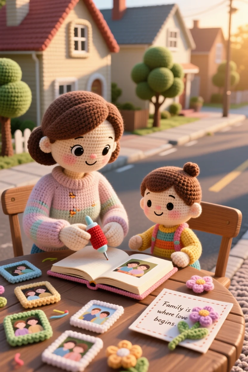 A heartwarming family moment: a mother and child making a family photo album with pictures spread across the table, gluing a favorite photo into place within a quiet neighborhood street at golden hour; a handmade card resting on the table nearby, full of warm nostalgia and gentle family tradition.