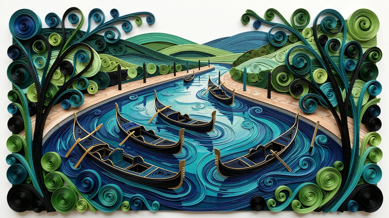 Venice's Grand Canal lined with gondolas, surrounded by rolling green hills, framed by silhouetted trees in the foreground, in a rich palette of blue, teal, and gold.