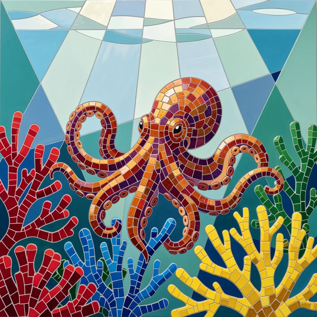 A vivid underwater scene of a vibrant octopus camouflaged among colorful coral formations, rich in color and serene movement.