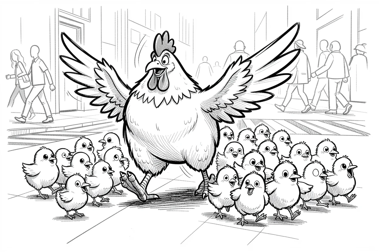 A chicken herding a group of baby chicks like a tiny army on a busy city sidewalk.