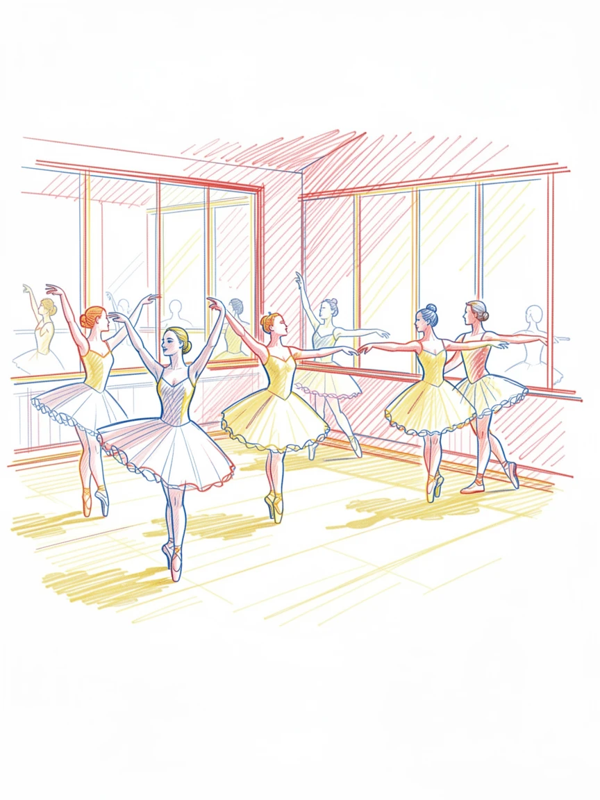 A ballet company rehearsing gracefully in a sunlit mirrored studio