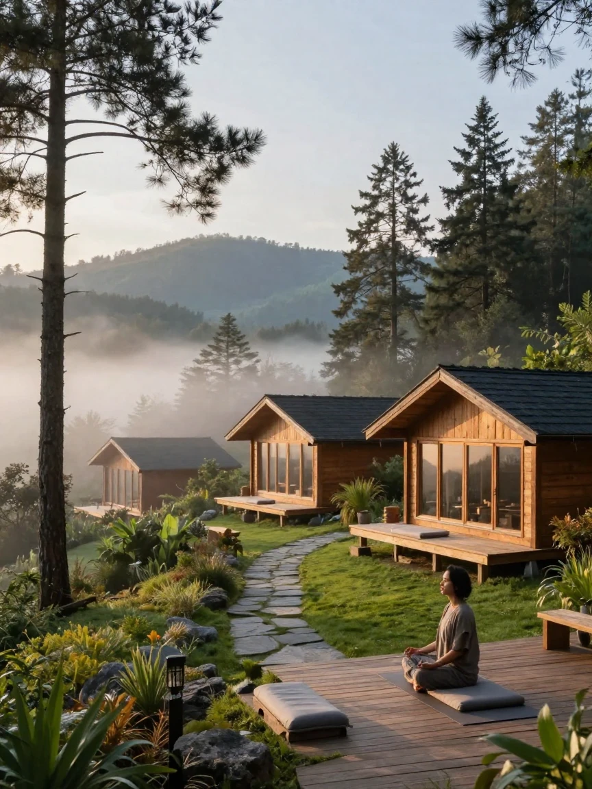 A meditation retreat overlooking a misty valley