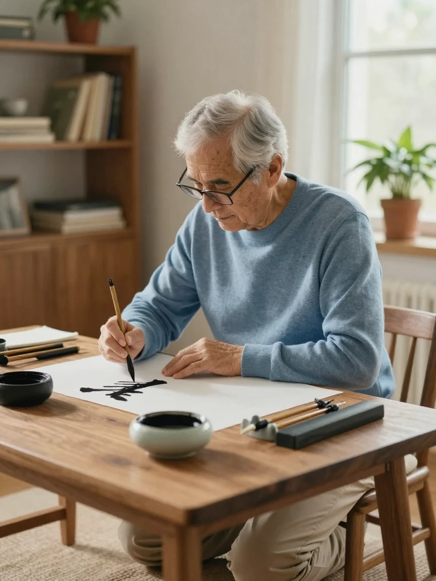A senior man practices calligraphy strokes at a low table each morning.