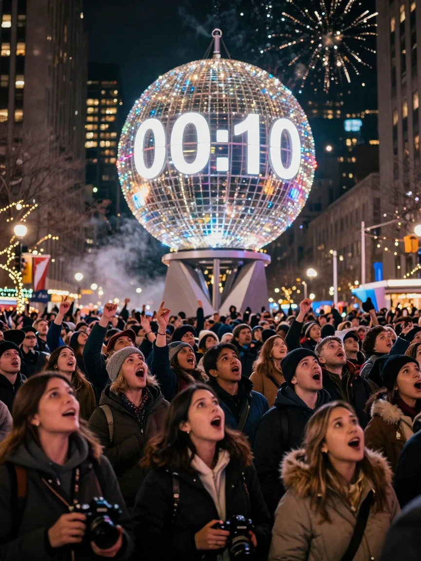 A New Year's Eve crowd counting down beneath a giant illuminated ball