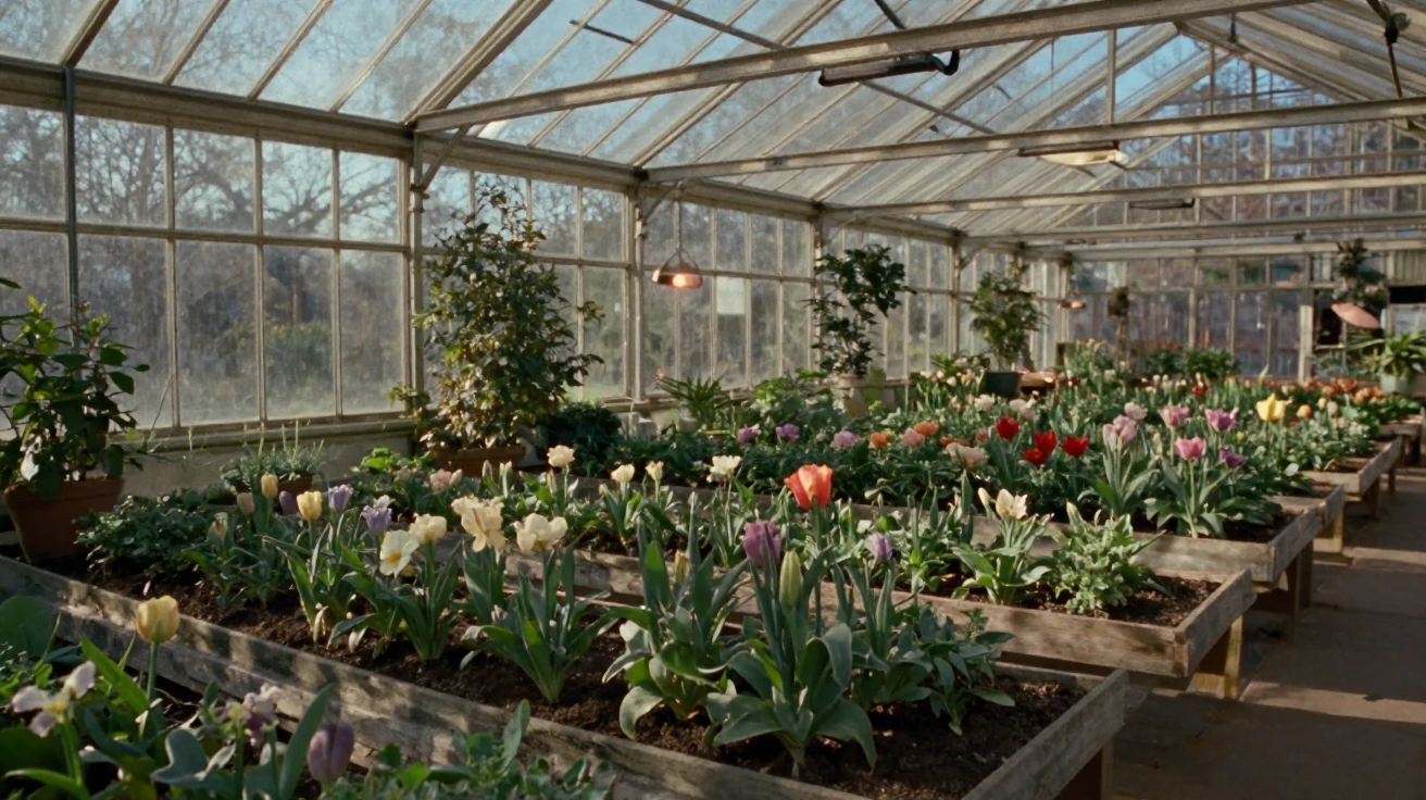 A sunlit greenhouse filled with rows of blooming plants, in low lamplight, on a clear, cloudless day, in the depths of winter, with muted olive and rust colors, from a three-quarter angle.