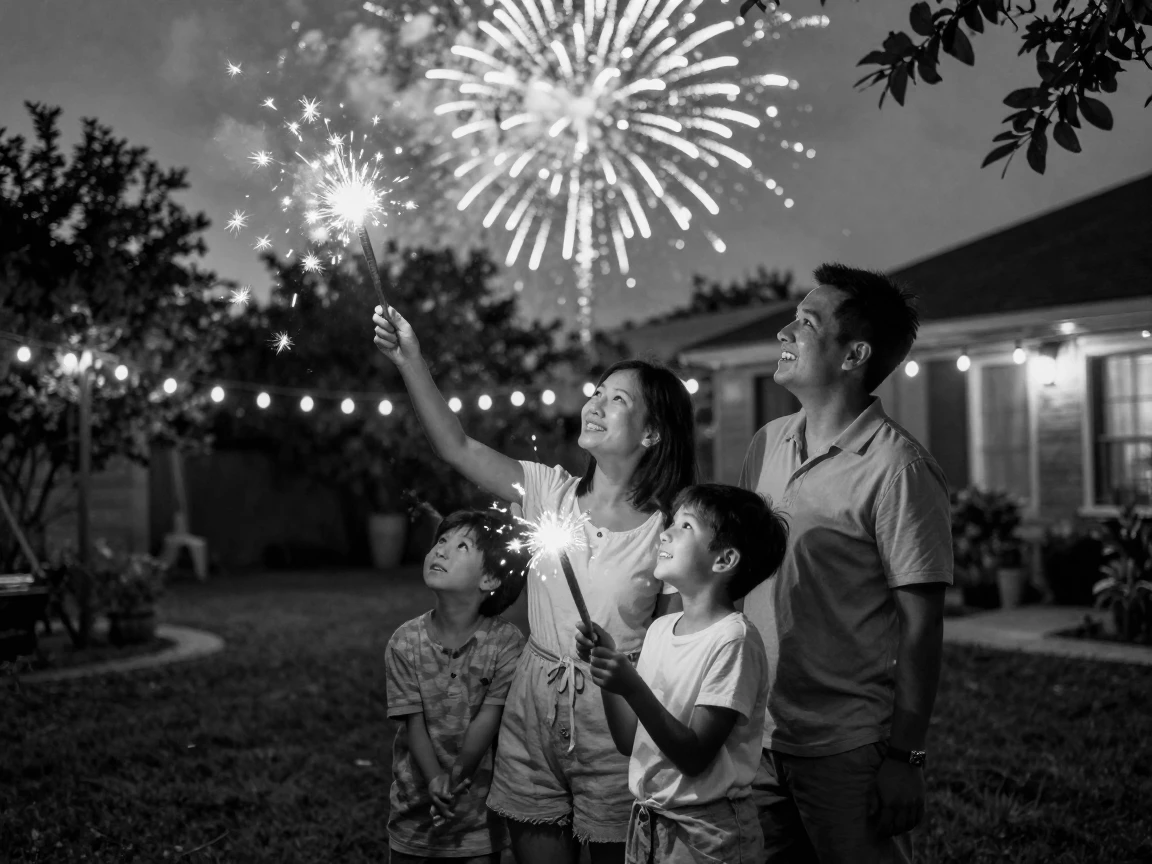 A family lighting fireworks watches the sky burst into color on a warm summer evening.