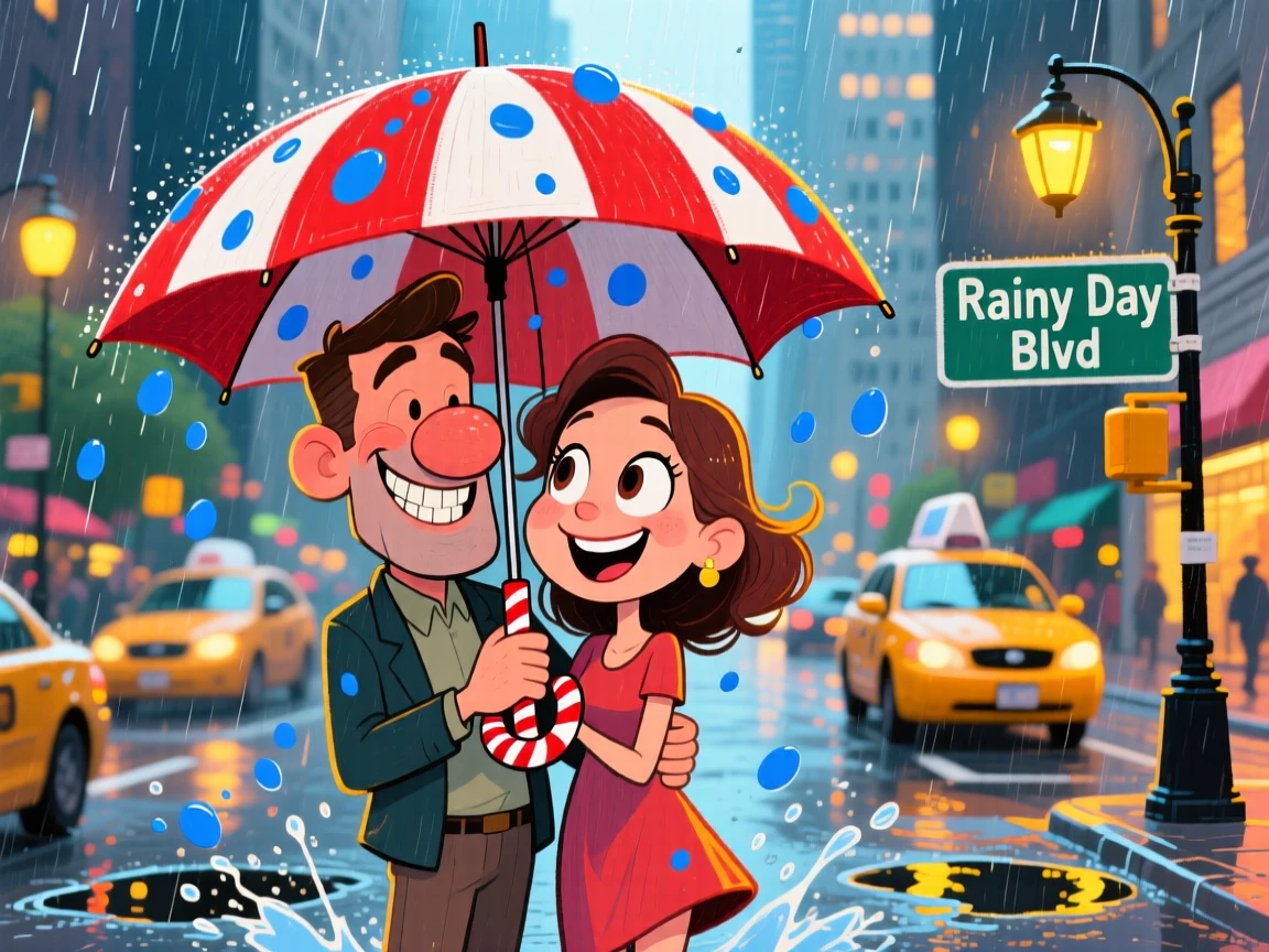A couple taking a rainy day photo under one shared umbrella on a city street.