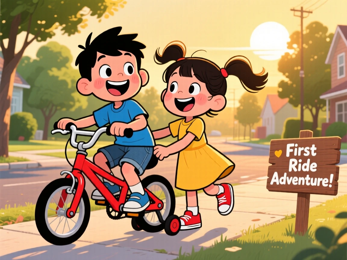 A playful childhood moment of twin siblings riding a bike for the very first time, as golden afternoon light glows warmly.