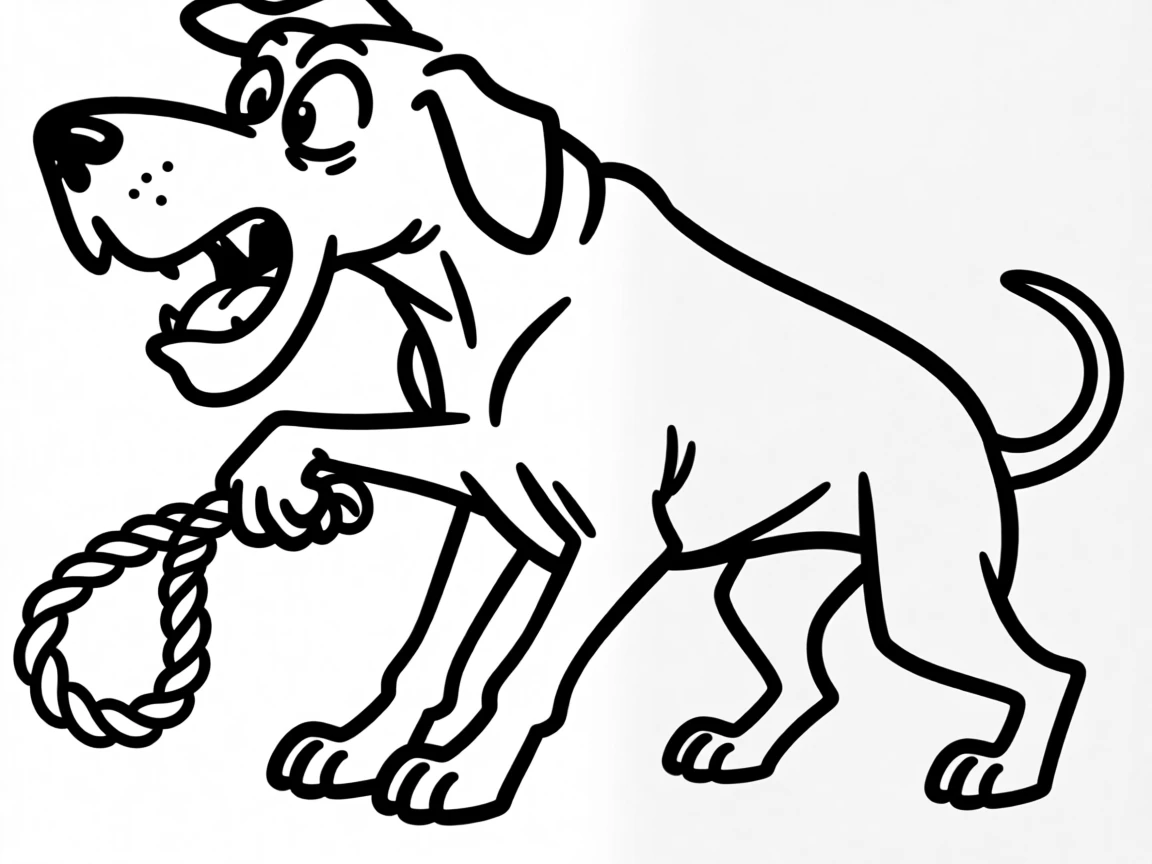 A great dane playing tug of war with a rope toy, back paws braced and determined.