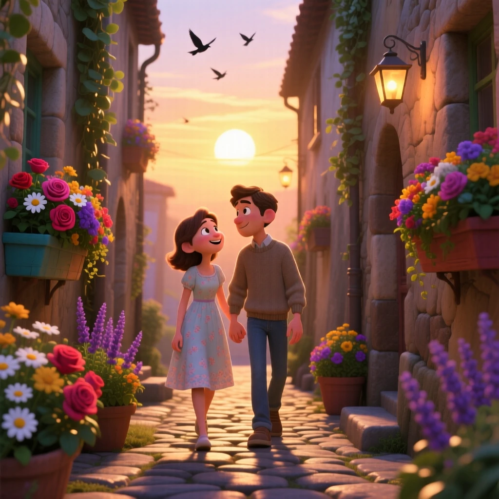 A couple holding hands stands in a narrow cobblestone alley lined with flower boxes, watching the sun rise over the horizon. A warm sense of gratitude and wanderlust colors the moment, with distant birds gliding on the breeze.