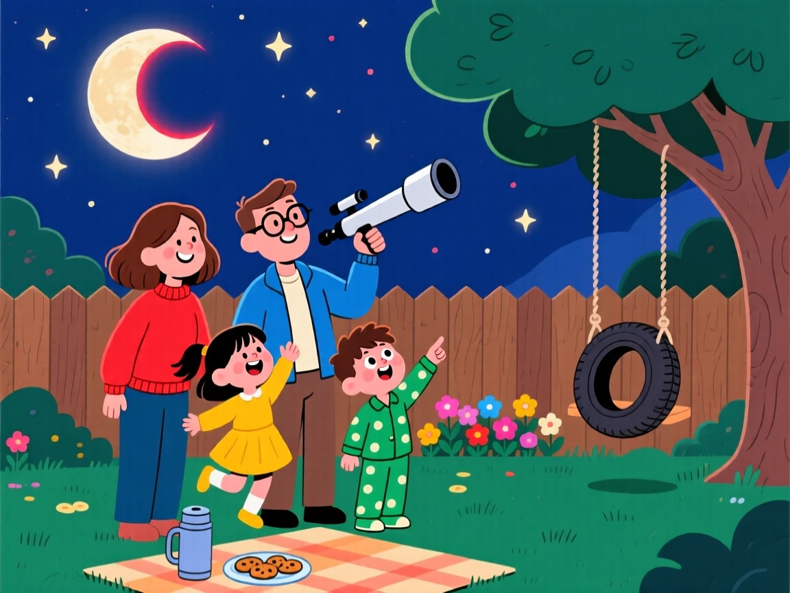 A family watching a lunar eclipse together from their backyard.