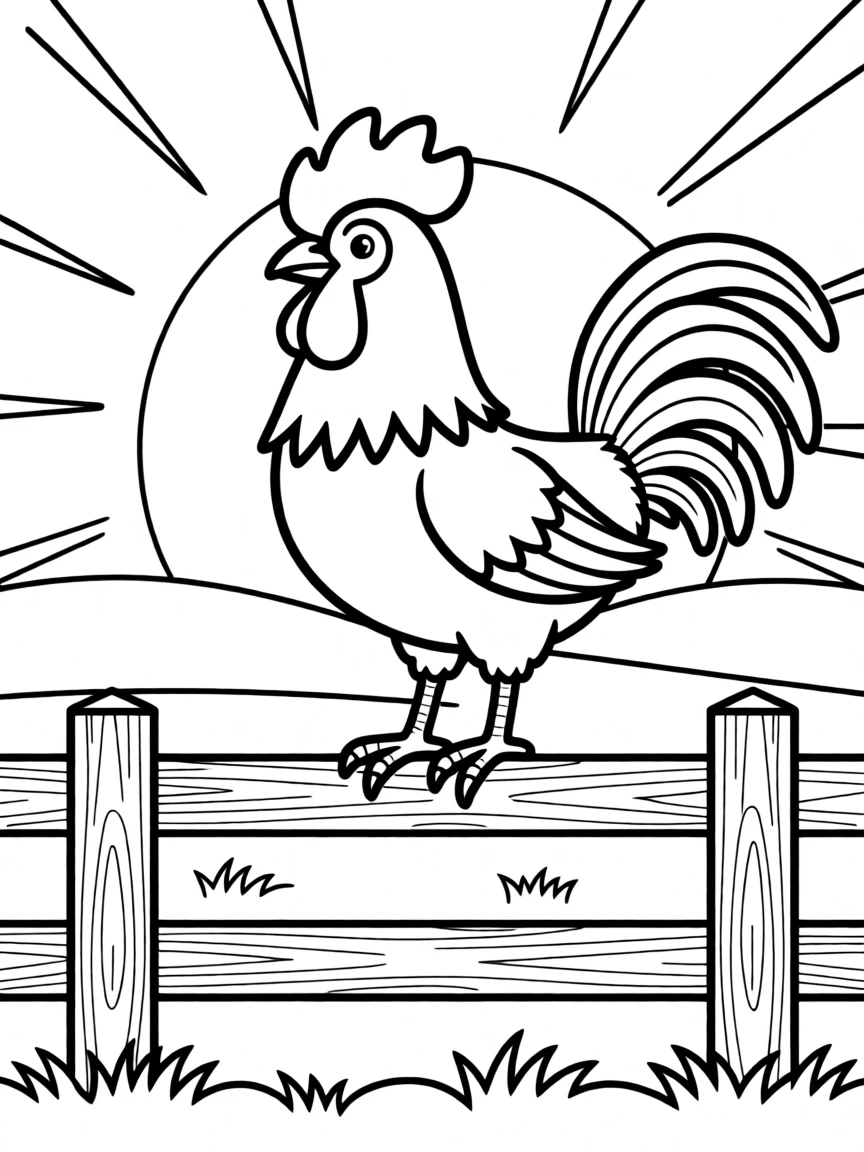 A rooster crowing on top of a fence at sunrise