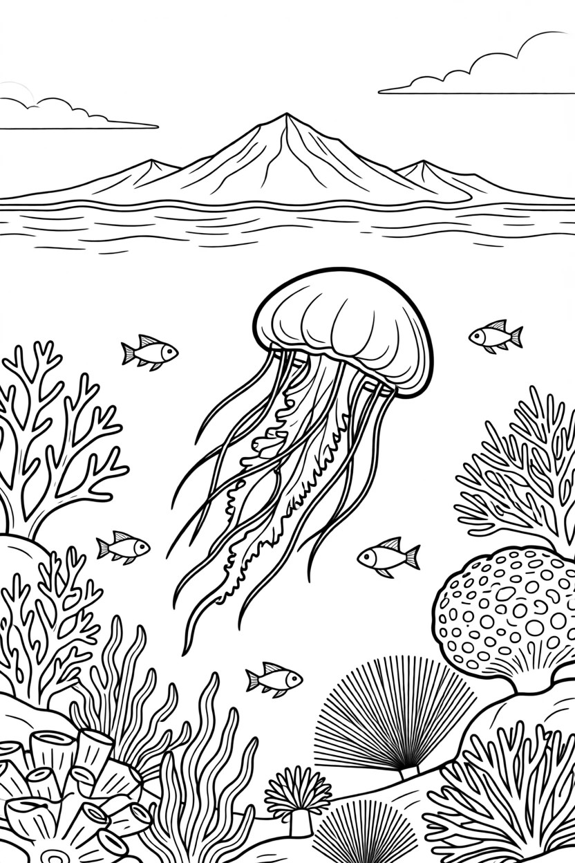 A moon jellyfish swimming through a coral reef, with a distant mountain range in the background.