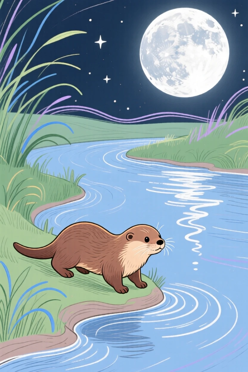 A baby otter wandering along a quiet riverbank under a full moon.
