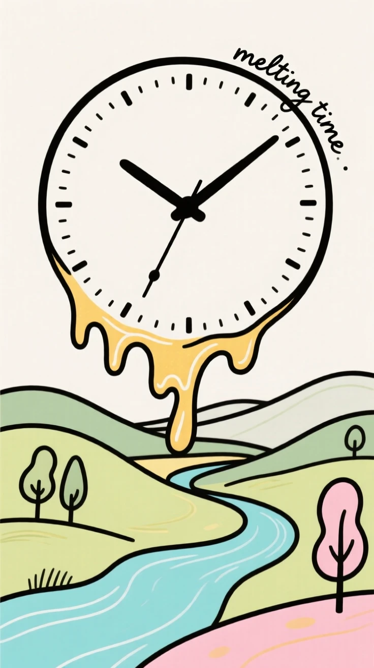 A clock face melting into a landscape