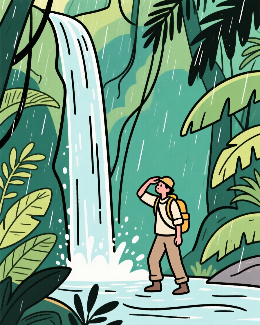 An explorer discovering a hidden waterfall deep within a rainforest.