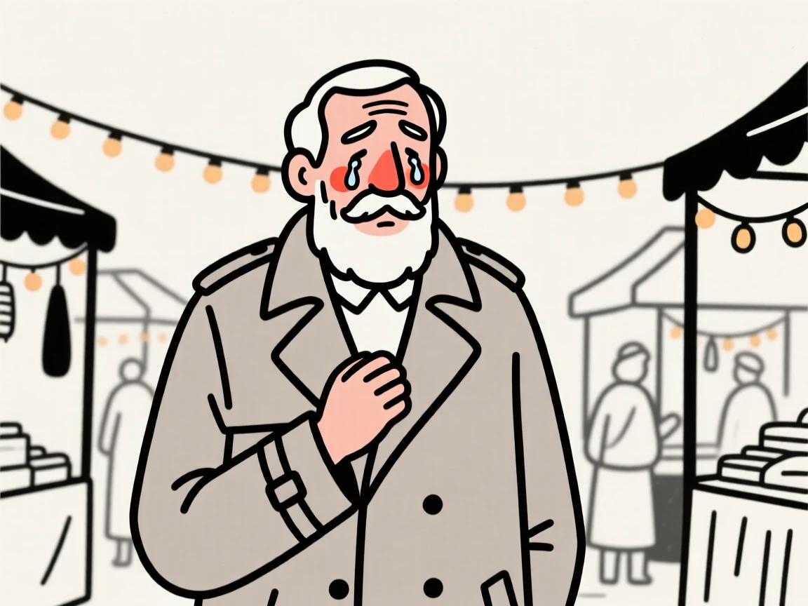 A wise old man of Turkish heritage in a vintage-inspired trench coat, holding back happy tears, at a bustling holiday market.